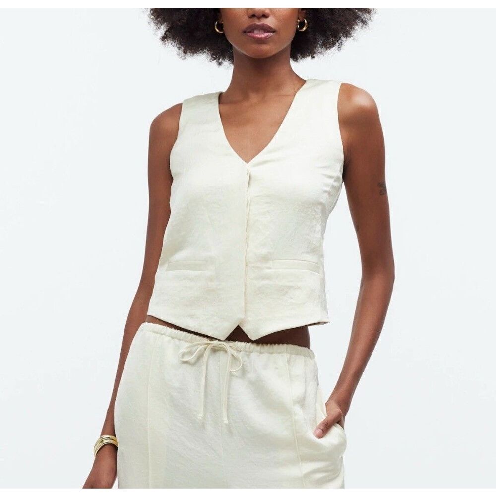 MADEWELL Button Front Vest Top Women 10 Satin NEW Pale Yellow NQ533